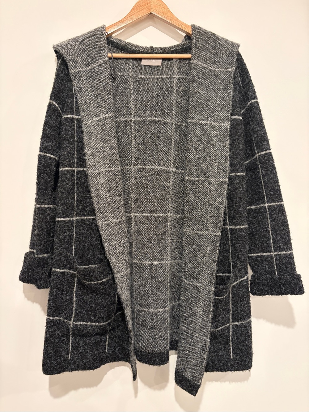 Cyrus XS Charcoal Gray Windowpane Grid Plaid Hooded Open Front Cardigan J